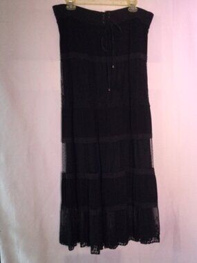 Lapis Black Tiered Maxi Skirt Lace Panel Boho Peasant Drawstring Waist Size M